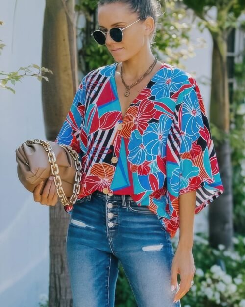 V Neck Button Kimono Sleeve Top