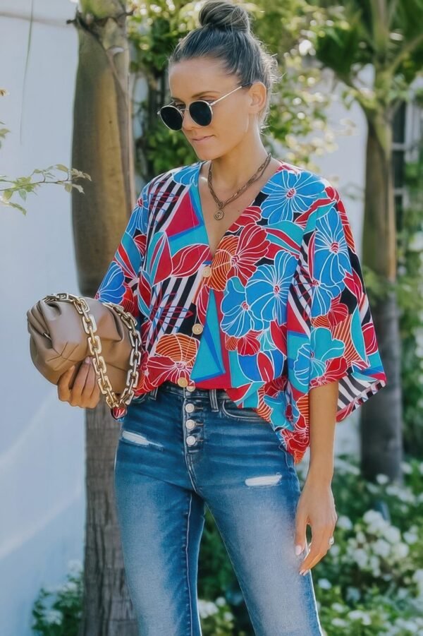 V Neck Button Kimono Sleeve Top