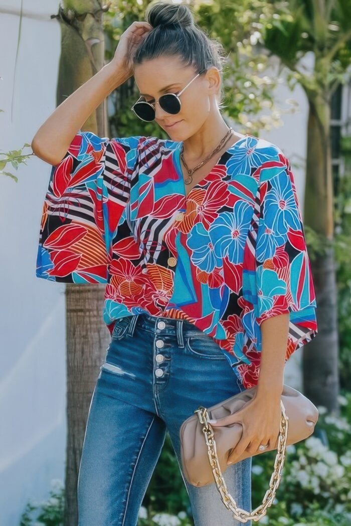 V neck button kimono sleeve top - image 3