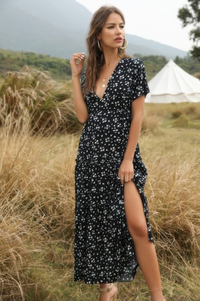 Elegant floral ruffle deep v neck slit dress - image 2