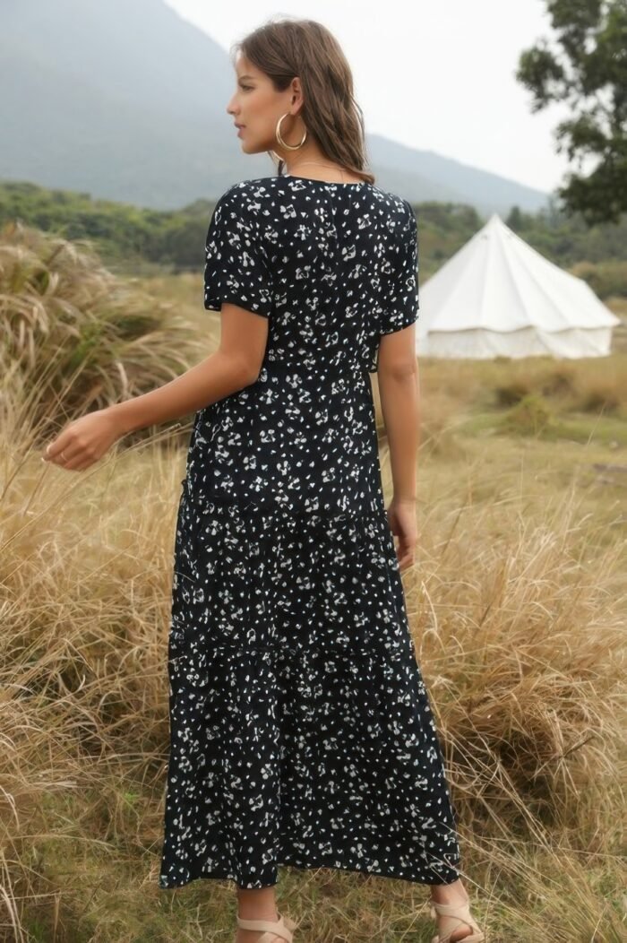 Elegant floral ruffle deep v neck slit dress - image 3