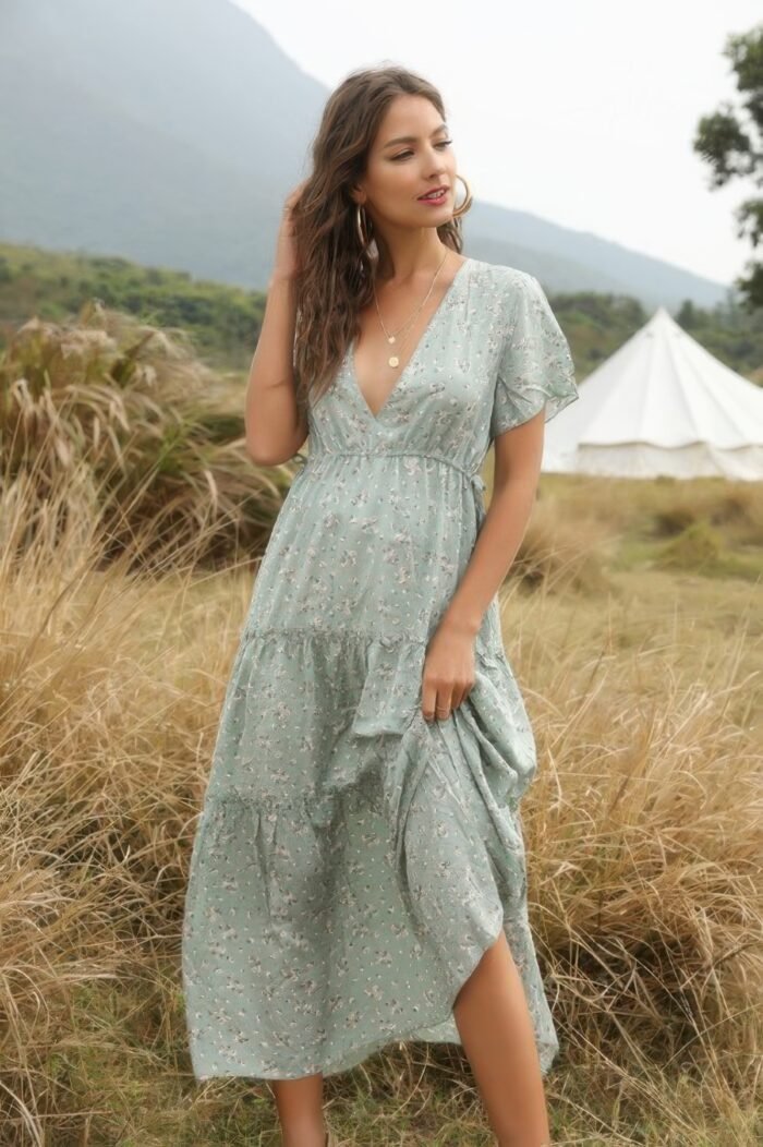 Elegant floral ruffle deep v neck slit dress - image 4