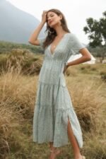 Elegant Floral Ruffle Deep V Neck Slit Dress - Image 6