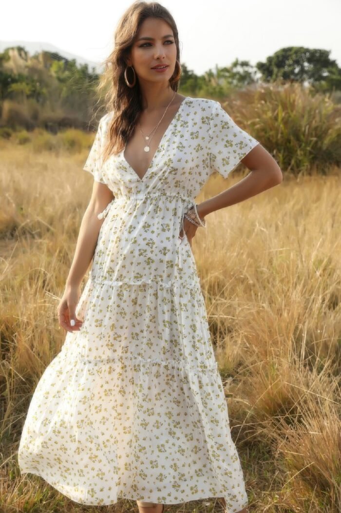 Elegant floral ruffle deep v neck slit dress - image 7
