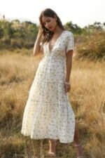 Elegant Floral Ruffle Deep V Neck Slit Dress - Image 8