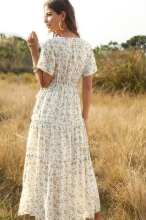 Elegant Floral Ruffle Deep V Neck Slit Dress