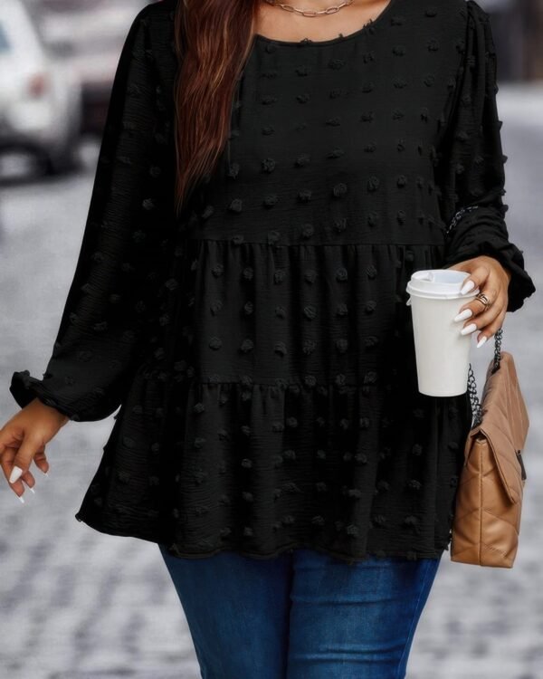 Plus Swiss Dot Round Neck Ruffle Hem Blouse