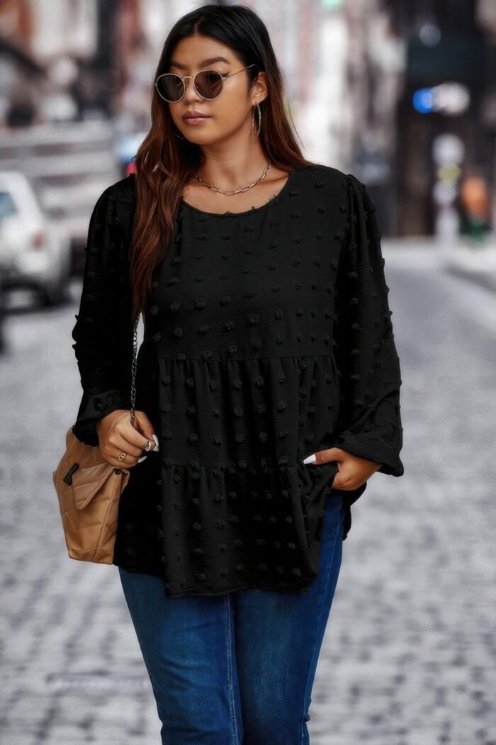 Plus swiss dot round neck ruffle hem blouse - image 3