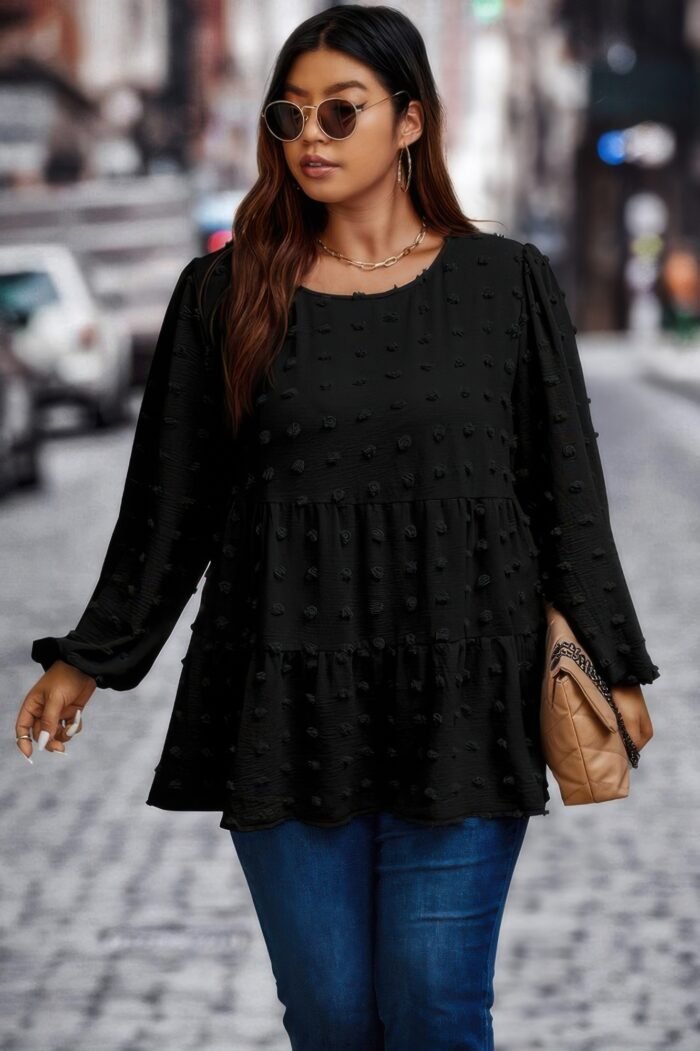 Plus swiss dot round neck ruffle hem blouse - image 5