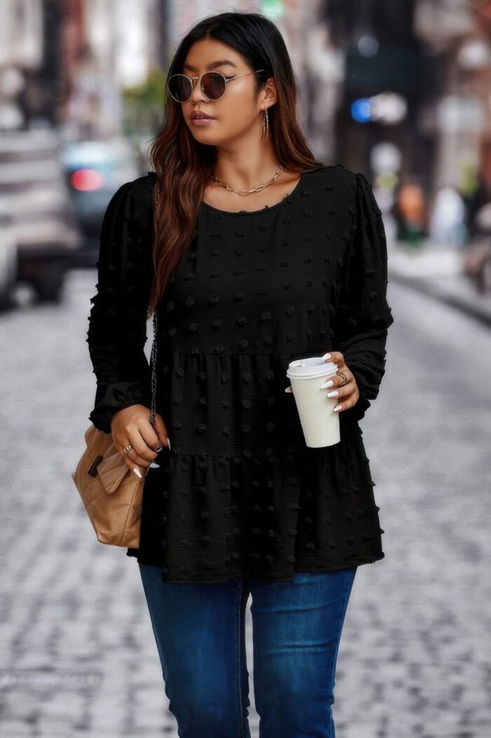 Plus swiss dot round neck ruffle hem blouse - image 6