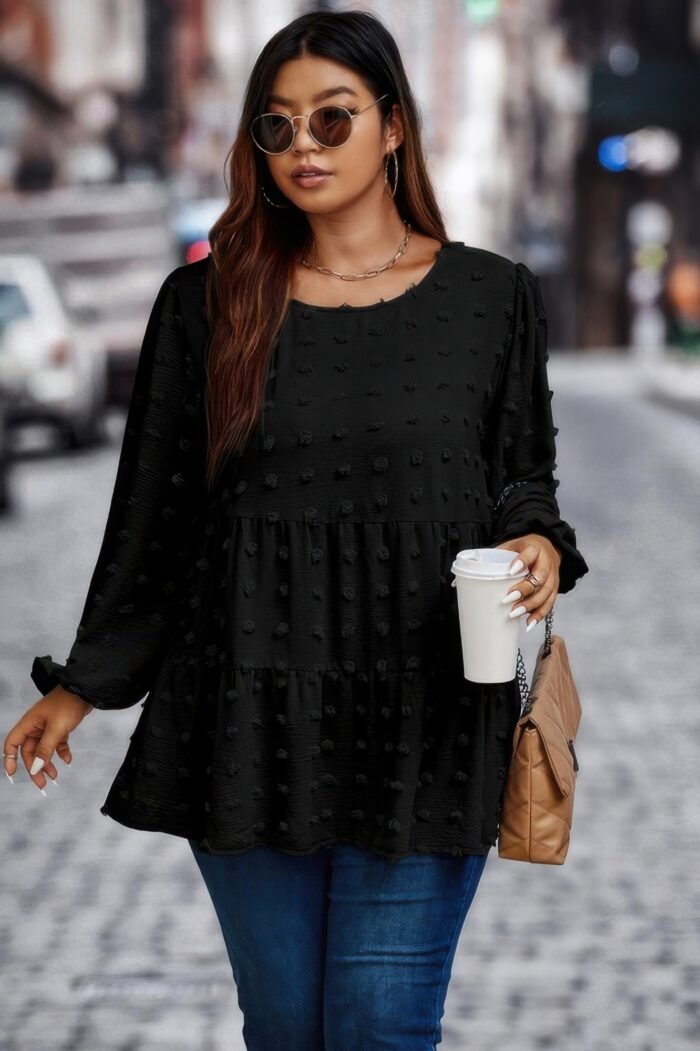 Plus swiss dot round neck ruffle hem blouse - image 7