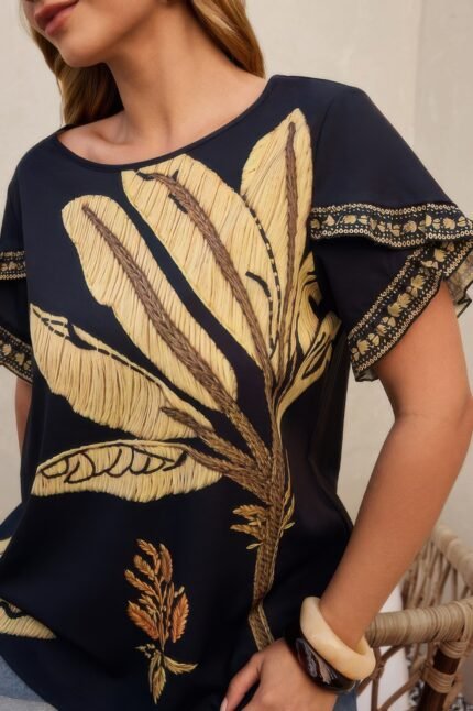 Plus Tropical Print Ruffle Hem Sleeve Blouse