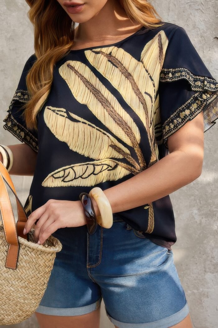 Plus tropical print ruffle hem sleeve blouse - image 2