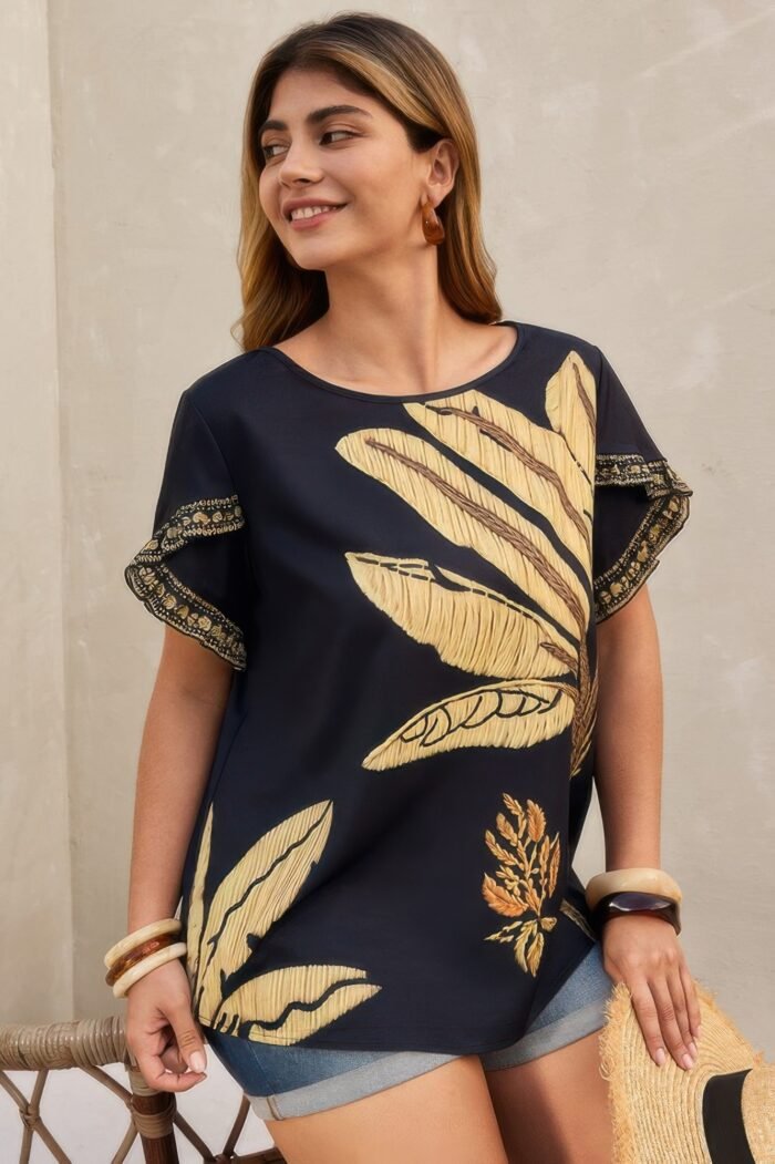 Plus tropical print ruffle hem sleeve blouse - image 3