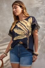Plus Tropical Print Ruffle Hem Sleeve Blouse - Image 4