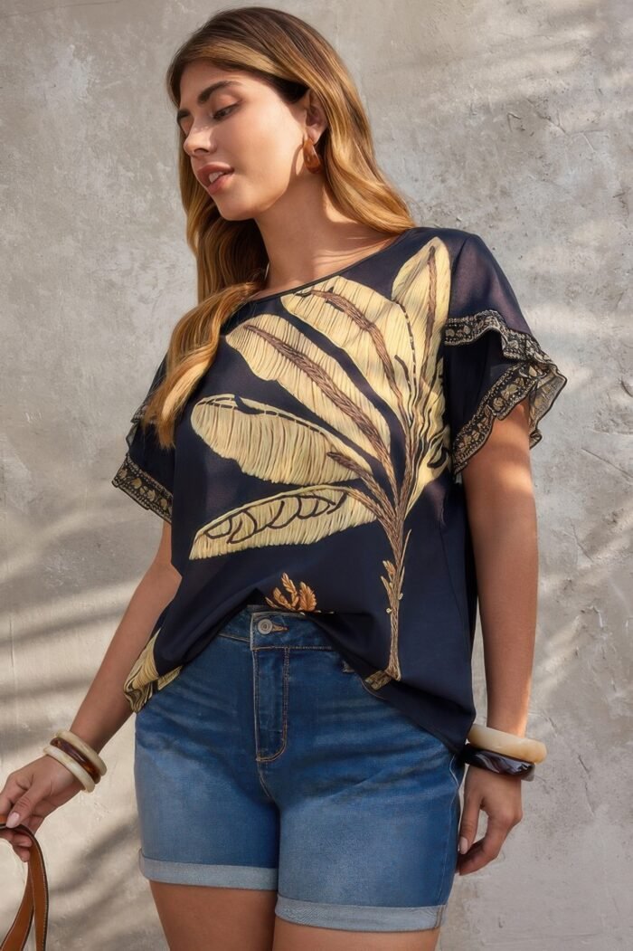 Plus tropical print ruffle hem sleeve blouse - image 4