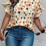 Plus Round Neck Floral Flounce Sleeve Loose Shirt