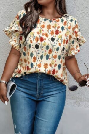 Plus Round Neck Floral Flounce Sleeve Loose Shirt