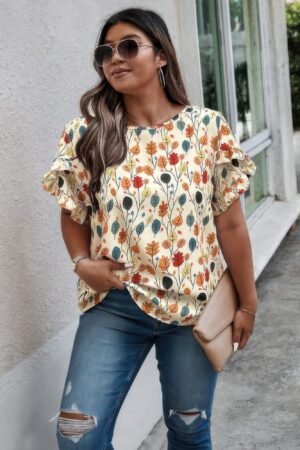 Plus Round Neck Floral Flounce Sleeve Loose Shirt