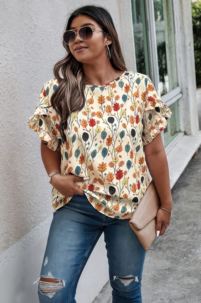 Plus round neck floral flounce sleeve loose shirt - image 2