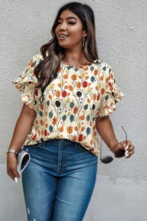 Plus Round Neck Floral Flounce Sleeve Loose Shirt