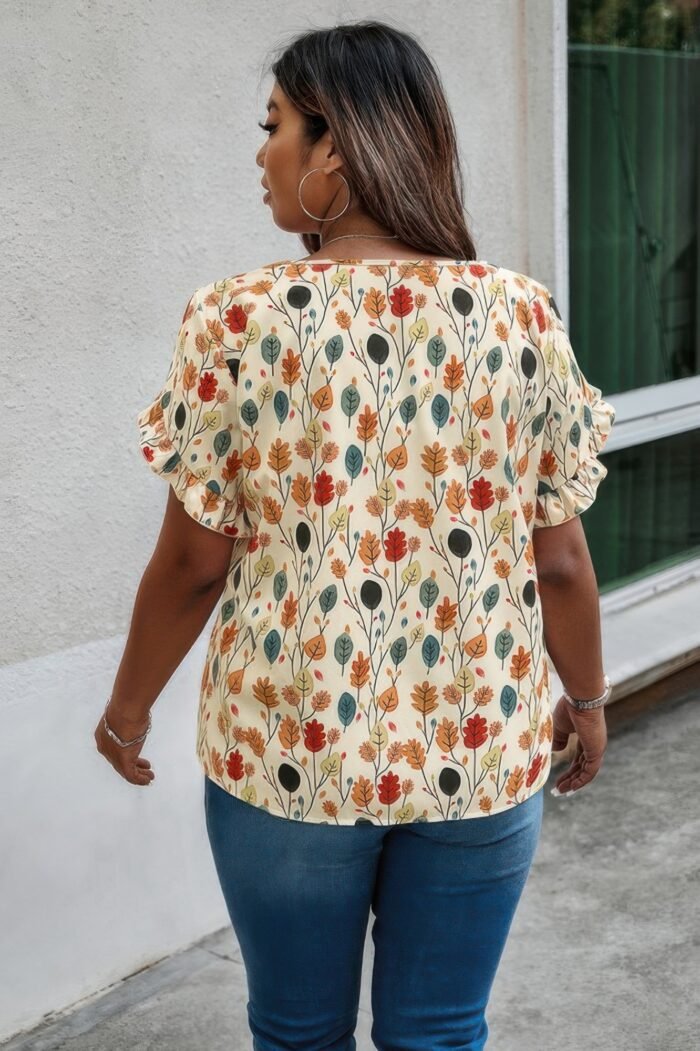 Plus round neck floral flounce sleeve loose shirt - image 4