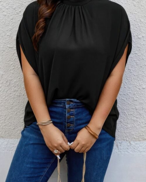 Plus Mock Neck Batwing Sleeve Loose Tunic Top