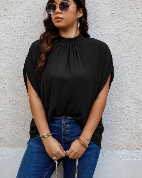 plus mock neck batwing sleeve loose tunic top