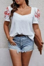 Plus Size Square Neck Floral Puff Sleeve Shirt