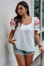 Plus Size Square Neck Floral Puff Sleeve Shirt