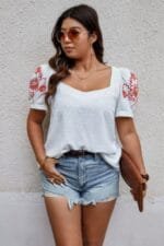 Plus Size Square Neck Floral Puff Sleeve Shirt