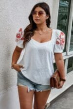 Plus Size Square Neck Floral Puff Sleeve Shirt