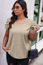 Plus Size Solid Round Neck Fold Short Sleeve Shirt