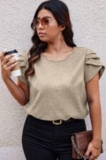Plus Size Solid Round Neck Fold Short Sleeve Shirt