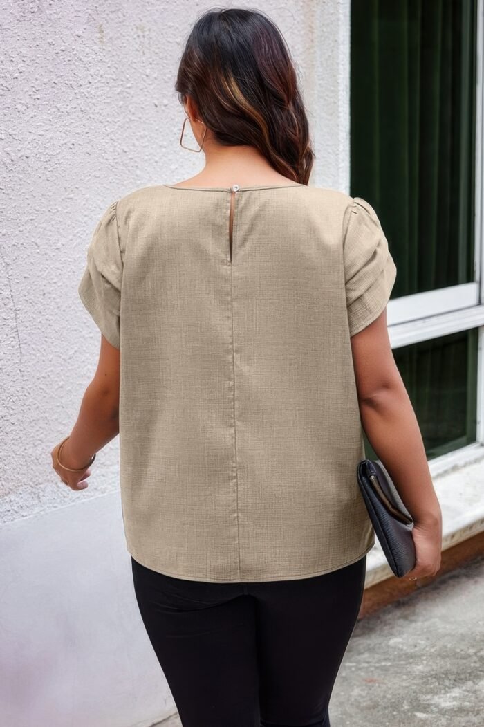 Plus size solid round neck fold short sleeve shirt - image 4