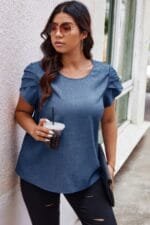 Plus Size Solid Round Neck Fold Short Sleeve Shirt