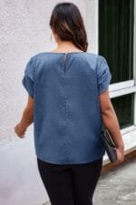 Plus Size Solid Round Neck Fold Short Sleeve Shirt