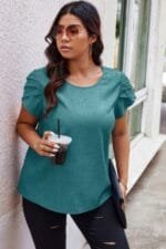 Plus Size Solid Round Neck Fold Short Sleeve Shirt