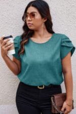 Plus Size Solid Round Neck Fold Short Sleeve Shirt