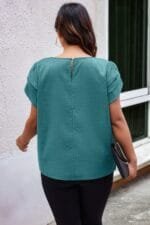 Plus Size Solid Round Neck Fold Short Sleeve Shirt