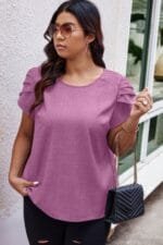 Plus Size Solid Round Neck Fold Short Sleeve Shirt