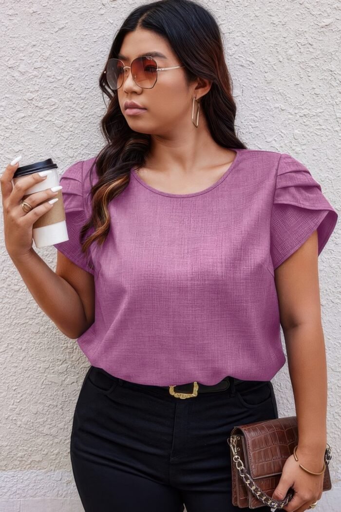 Plus size solid round neck fold short sleeve shirt - image 15
