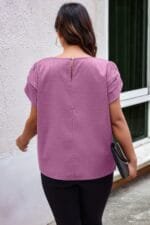 Plus Size Solid Round Neck Fold Short Sleeve Shirt