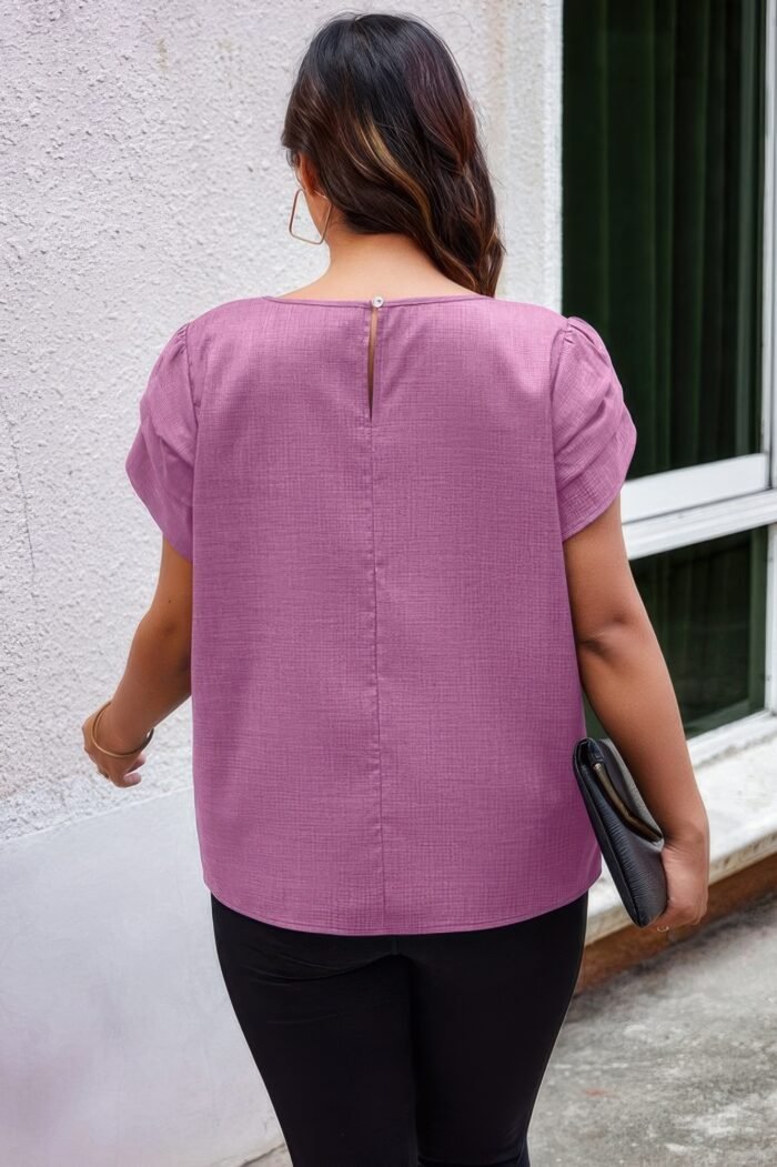 Plus size solid round neck fold short sleeve shirt - image 16
