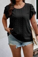 Plus Size Solid Swiss Dots Short Sleeve Blouse