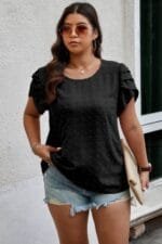 Plus Size Solid Swiss Dots Short Sleeve Blouse