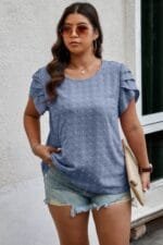 Plus Size Solid Swiss Dots Short Sleeve Blouse
