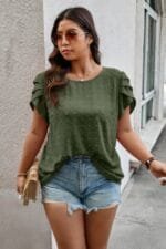 Plus Size Solid Swiss Dots Short Sleeve Blouse