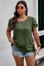Plus Size Solid Swiss Dots Short Sleeve Blouse