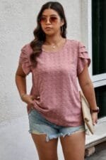 Plus Size Solid Swiss Dots Short Sleeve Blouse